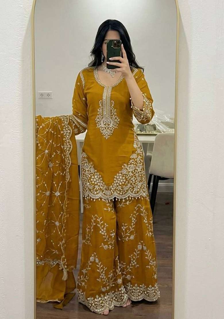 Yellow Embroidery Georgette Palazzo Set - Indya