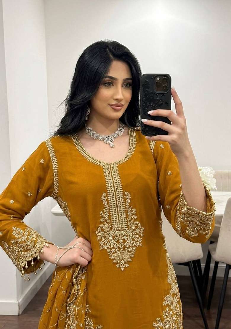 Yellow Embroidery Georgette Palazzo Set - Indya