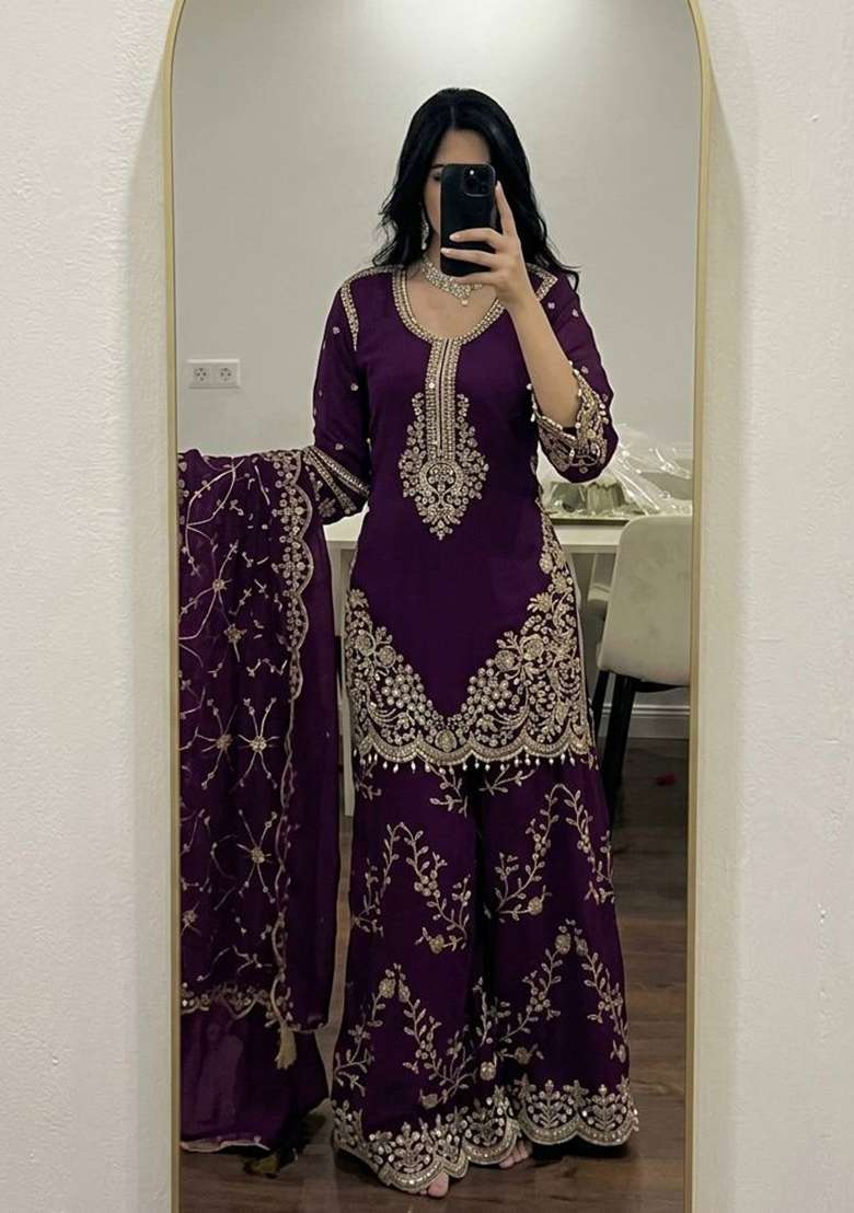 Wine Embroidery Georgette Palazzo Set - Indya