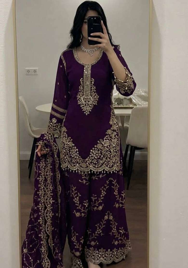Wine Embroidery Georgette Palazzo Set - Indya