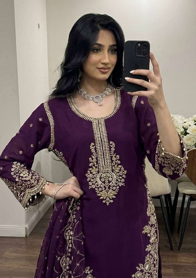 Wine Embroidery Georgette Palazzo Set - Indya