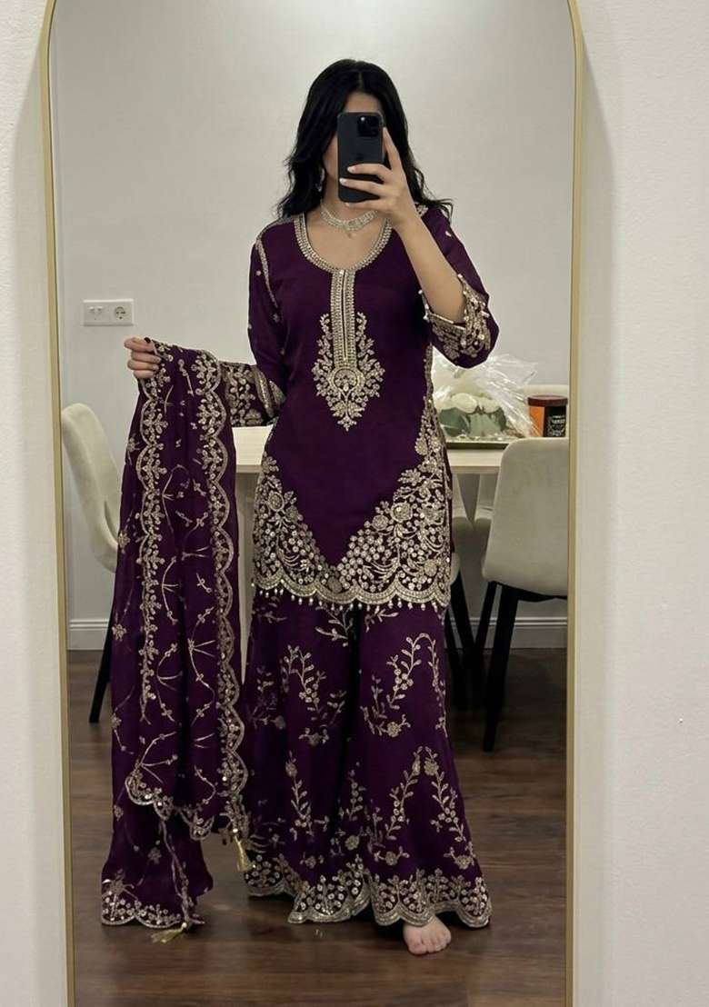 Wine Embroidery Georgette Palazzo Set - Indya
