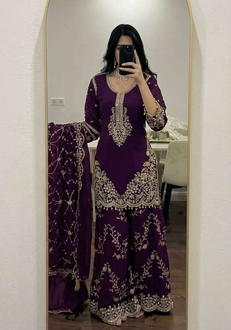 Wine Embroidery Georgette Palazzo Set