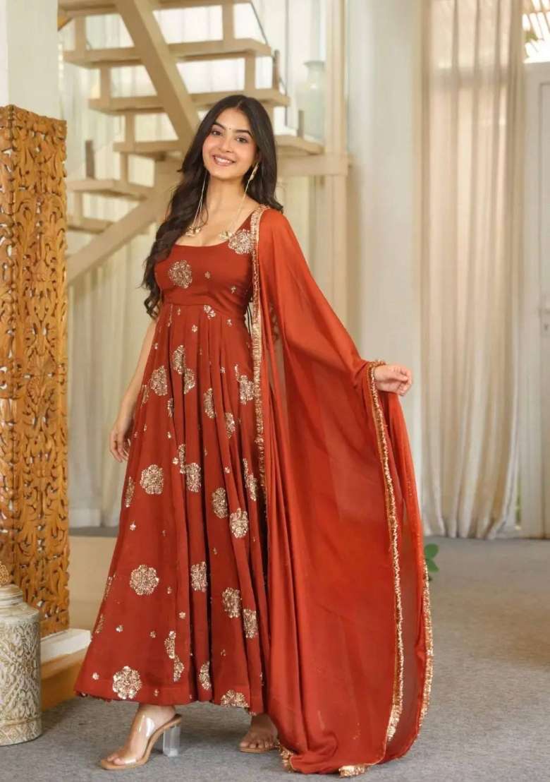 Orange Embroidery Crush Gown Set - Indya