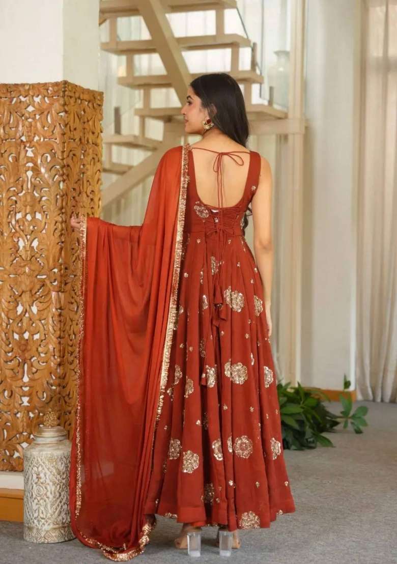 Orange Embroidery Crush Gown Set - Indya