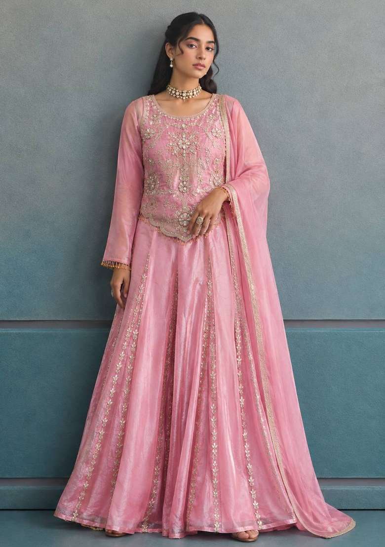 Pink Embroidery Silk Palazzo Set - Indya
