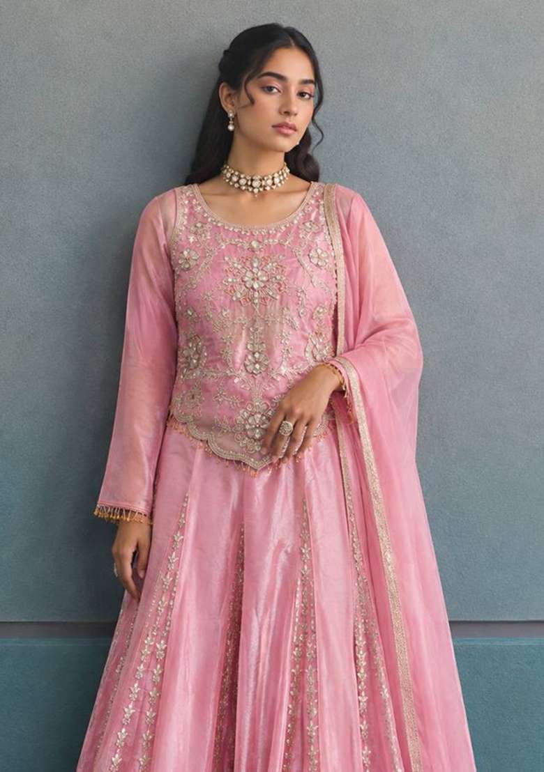 Pink Embroidery Silk Palazzo Set - Indya