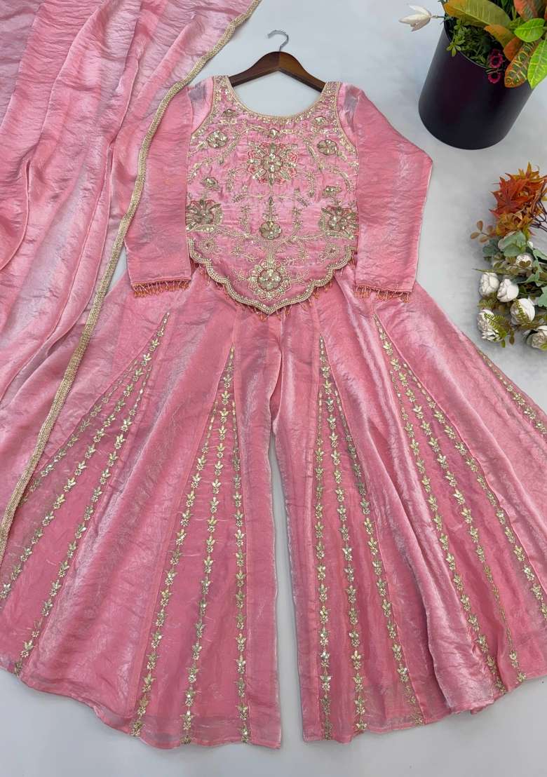 Pink Embroidery Silk Palazzo Set - Indya