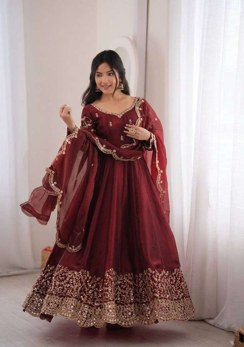 Maroon Embroidery Silk Gown Set - Indya