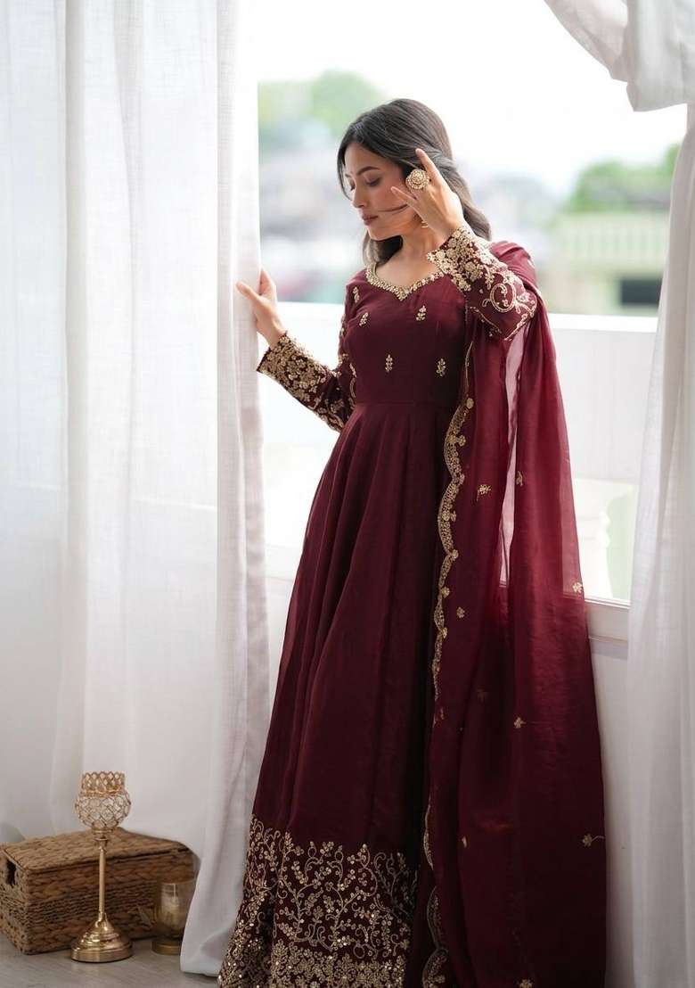 Maroon Embroidery Silk Gown Set - Indya