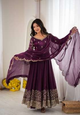 Purple Embroidery Silk Gown Set