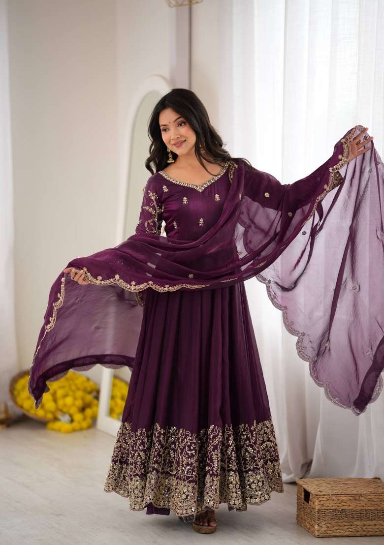 Purple Embroidery Silk Gown Set - Indya