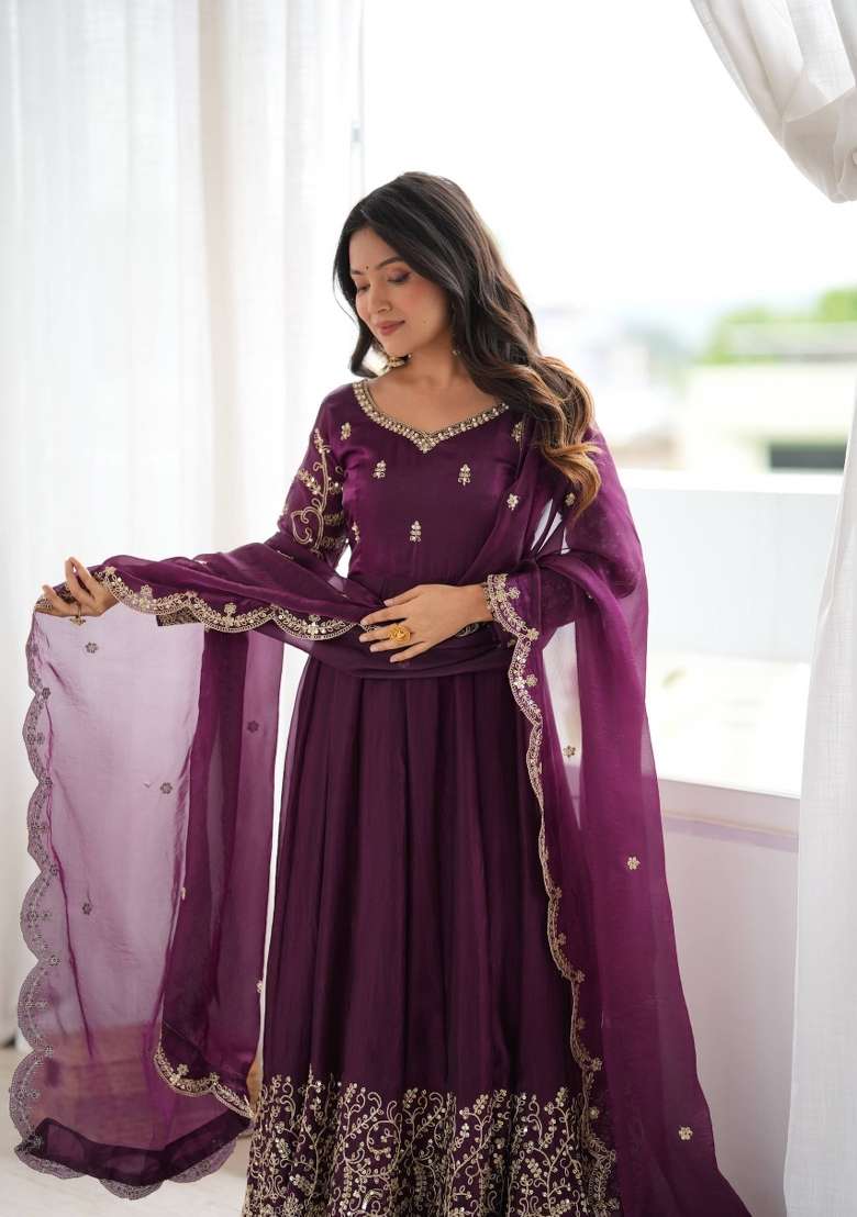 Purple Embroidery Silk Gown Set - Indya