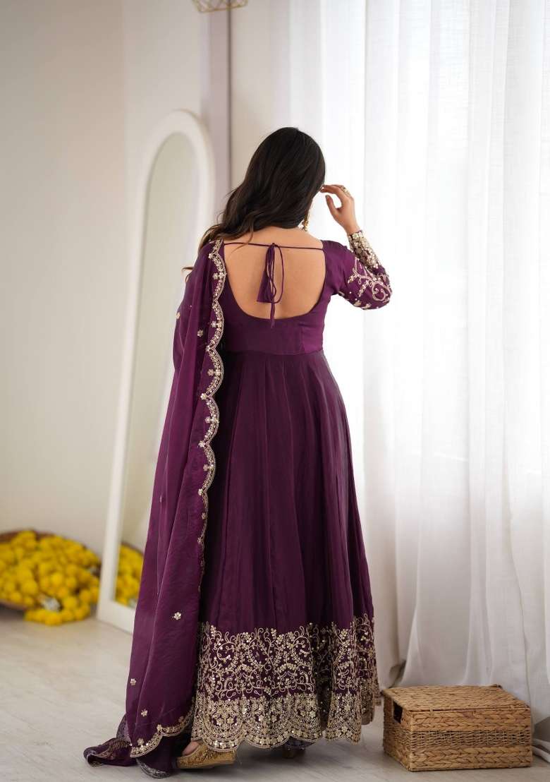 Purple Embroidery Silk Gown Set - Indya