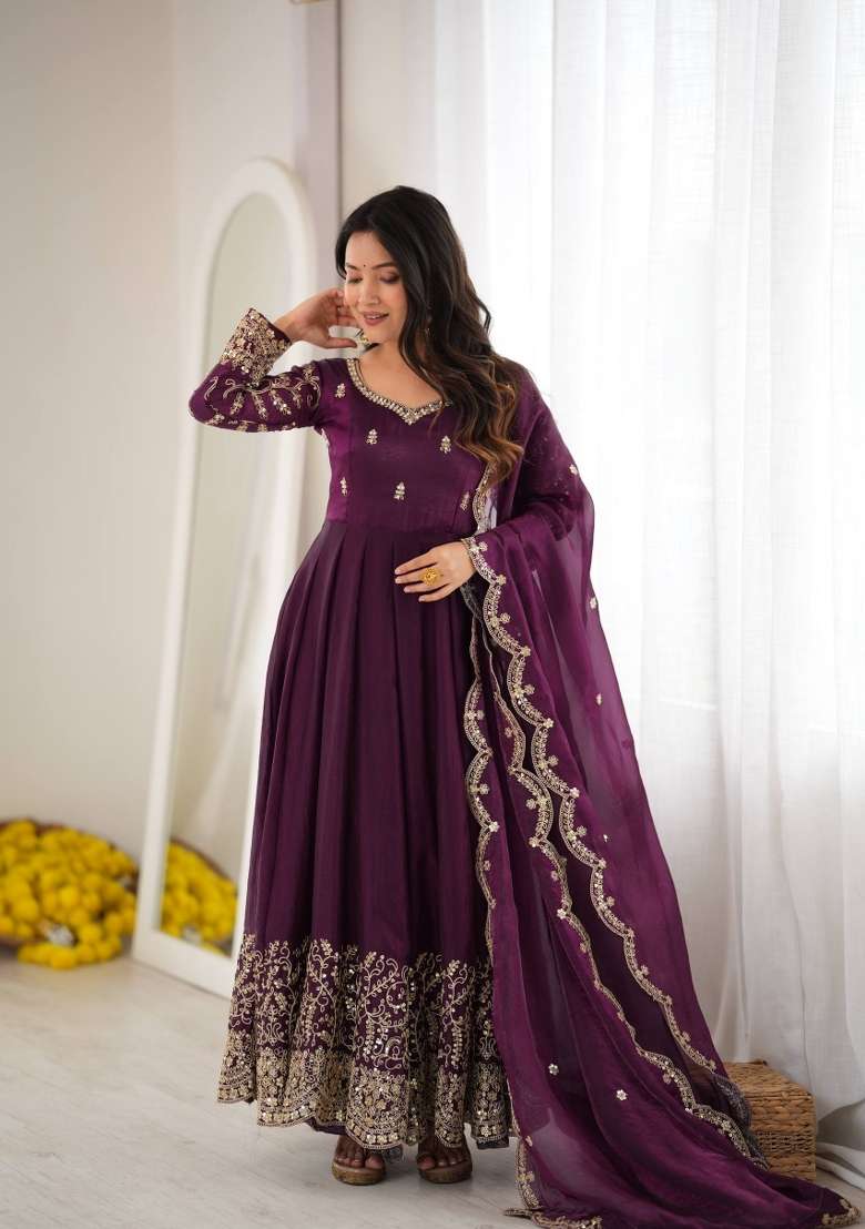 Purple Embroidery Silk Gown Set - Indya