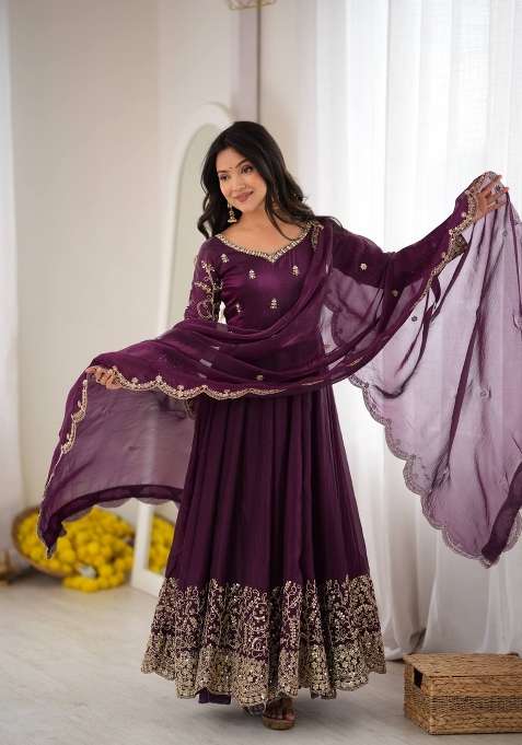 Purple Embroidery Silk Gown Set
