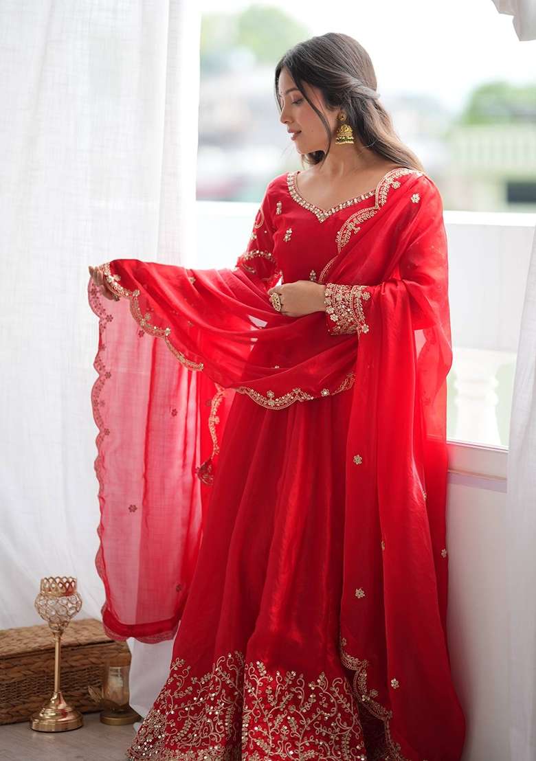 Red Embroidery Silk Gown Set - Indya