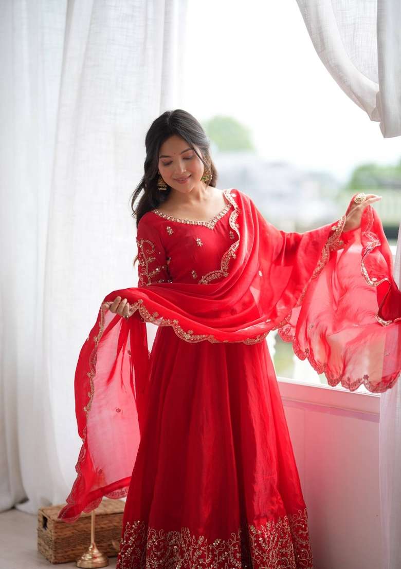 Red Embroidery Silk Gown Set - Indya