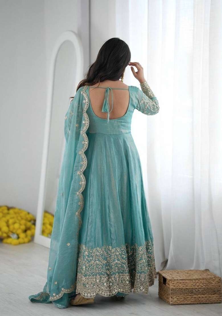 Sky Blue Embroidery Silk Gown Set - Indya