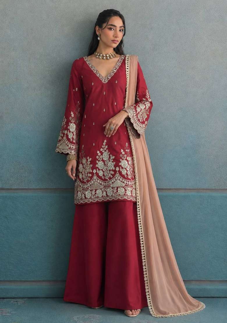 Rust Embroidery Crepe Palazzo Set - Indya