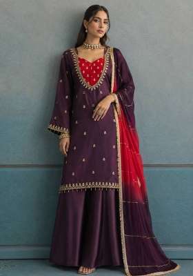 Wine Embroidery Crepe Palazzo Set