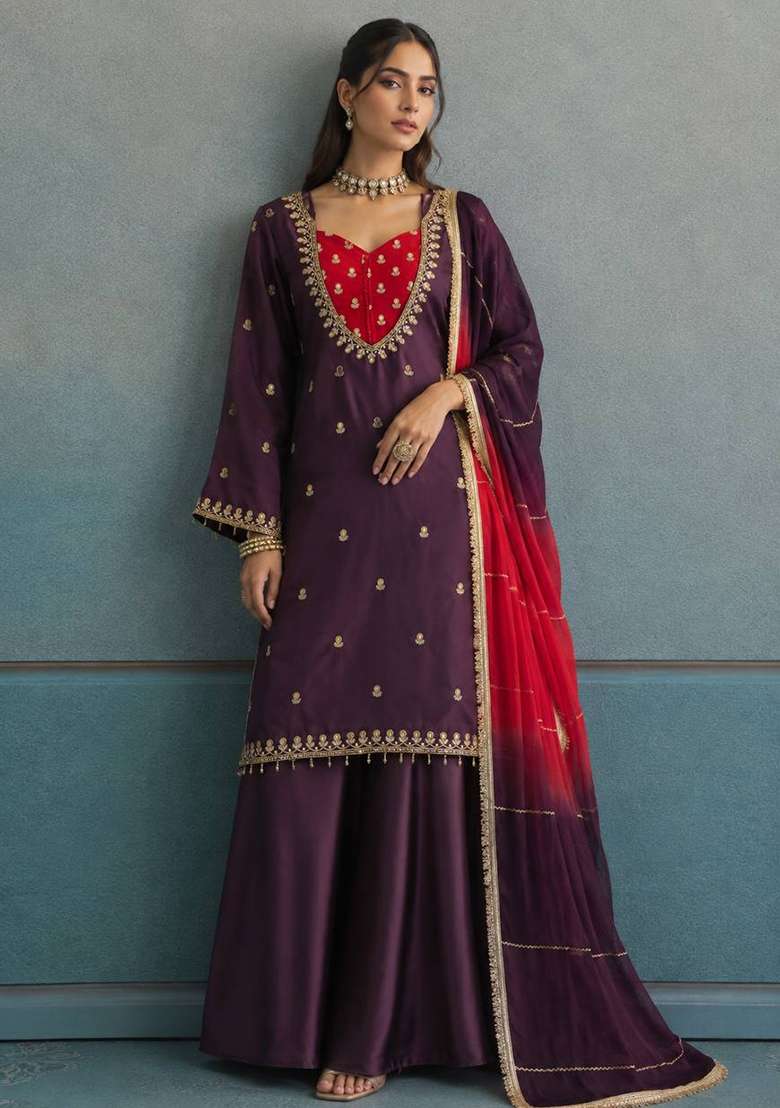Wine Embroidery Crepe Palazzo Set - Indya