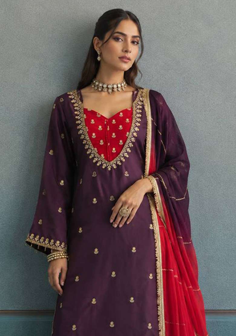 Wine Embroidery Crepe Palazzo Set - Indya