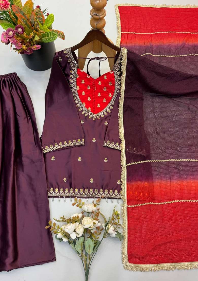 Wine Embroidery Crepe Palazzo Set - Indya