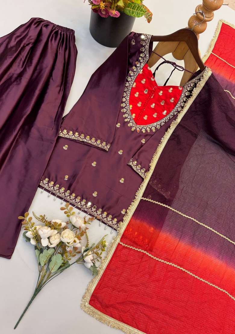 Wine Embroidery Crepe Palazzo Set - Indya