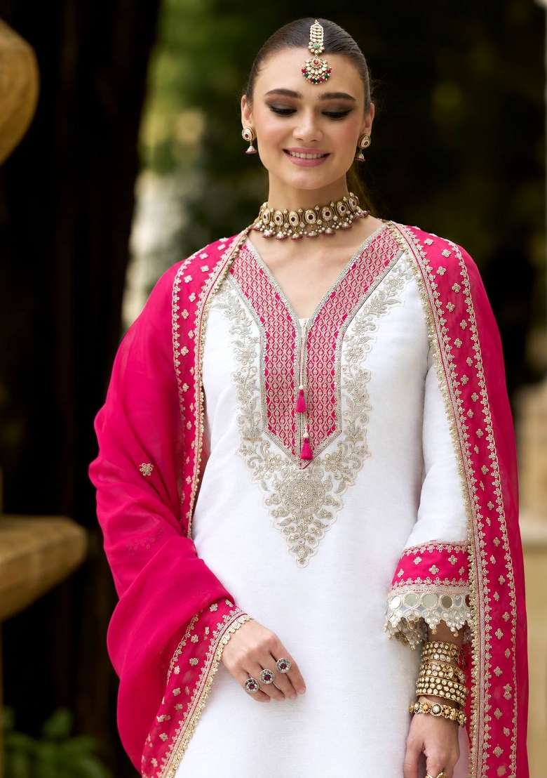White Embroidery Chinon Palazzo Set - Indya