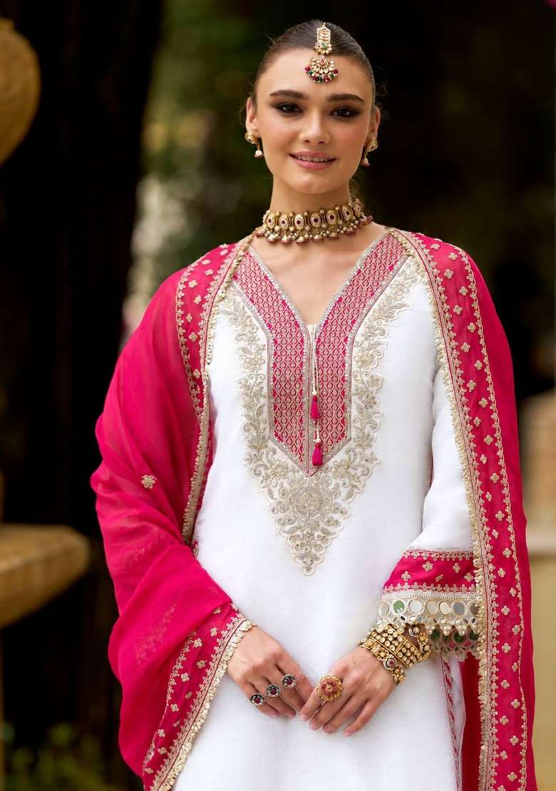 White Embroidery Chinon Palazzo Set - Indya