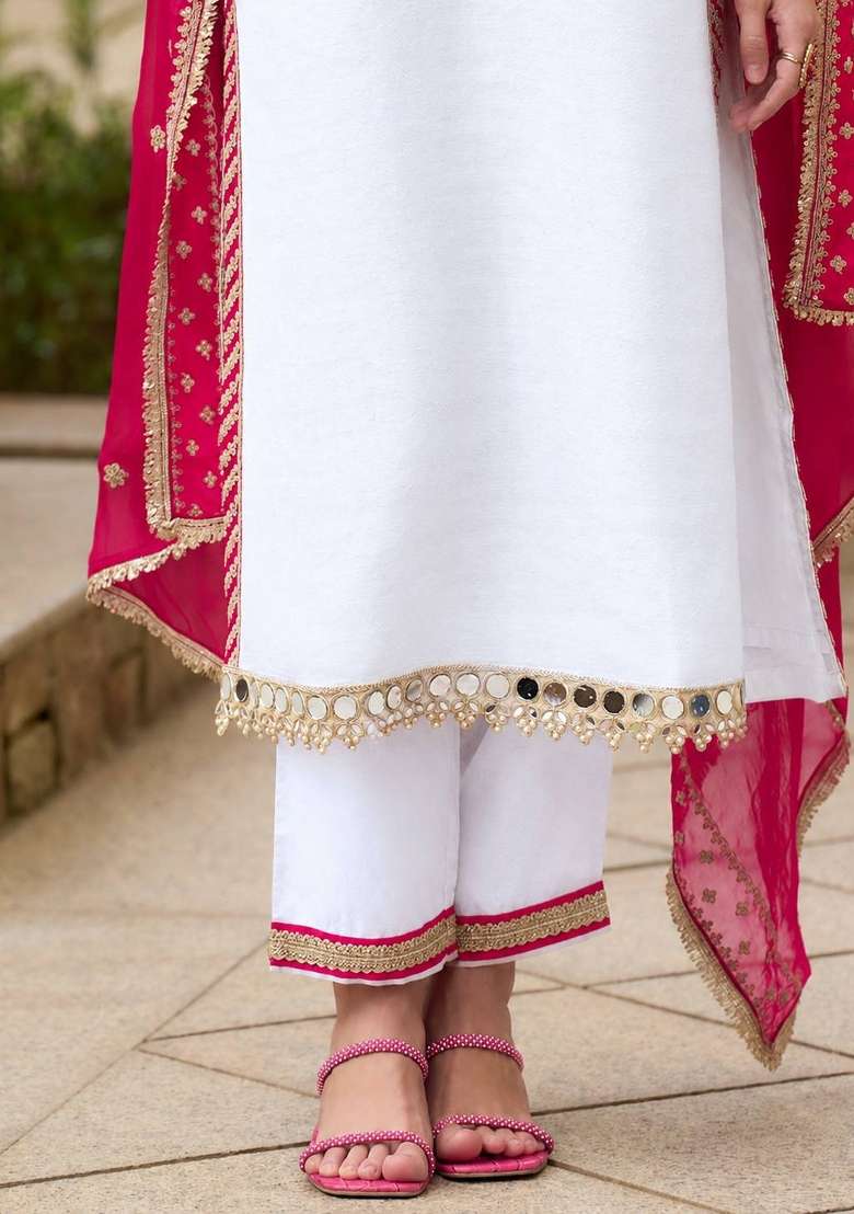 White Embroidery Chinon Palazzo Set - Indya