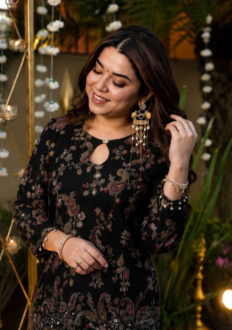 Black Embroidery Crepe Kurta Set - Indya