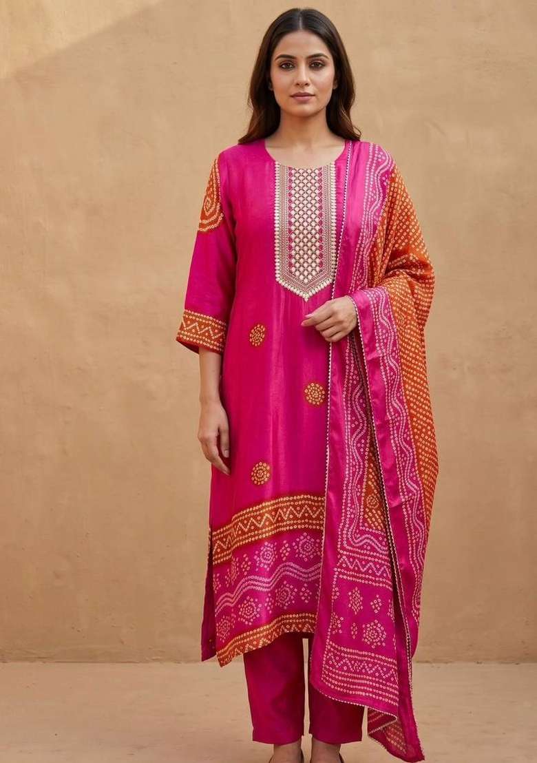 Pink Embroidery Chinon Kurta Set - Indya