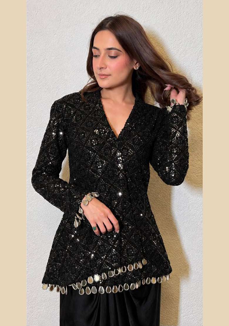 Black Embroidery Chinon Kurta Set - Indya
