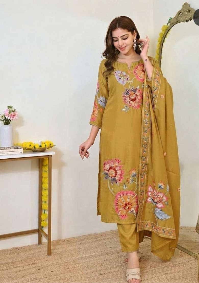 Yellow Embroidery Muslin Kurta Set - Indya