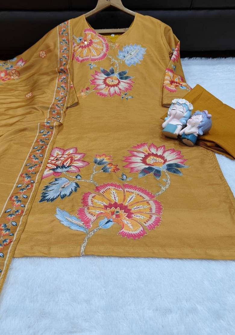 Yellow Embroidery Muslin Kurta Set - Indya