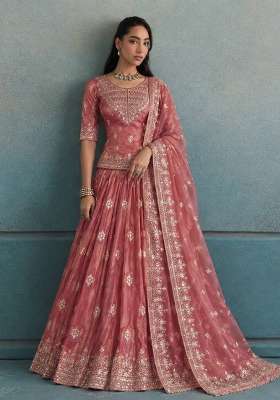 Peach Embroidery Silk Kurta Set