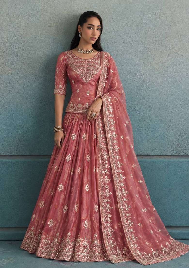 Peach Embroidery Silk Kurta Set - Indya