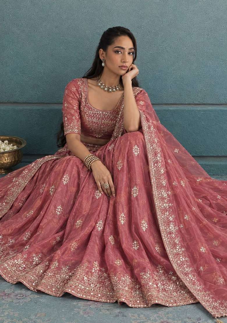 Peach Embroidery Silk Kurta Set - Indya