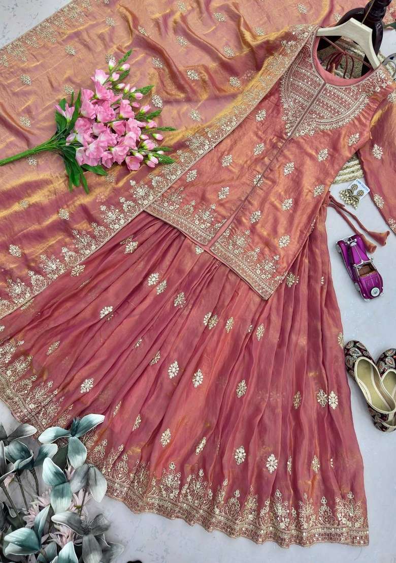 Peach Embroidery Silk Kurta Set - Indya