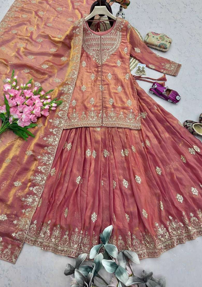 Peach Embroidery Silk Kurta Set - Indya