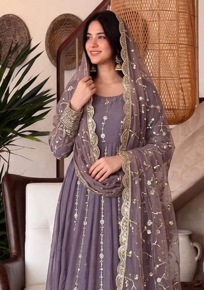 Grey Embroidery Silk Gown Set - Indya