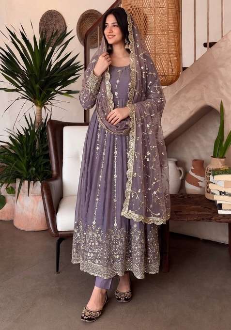 Grey Embroidery Silk Gown Set