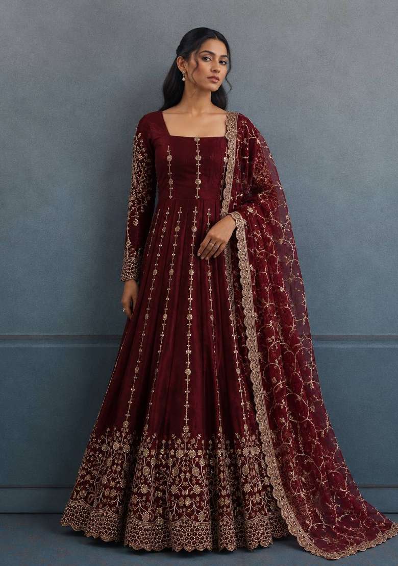 Maroon Embroidery Silk Gown Set - Indya
