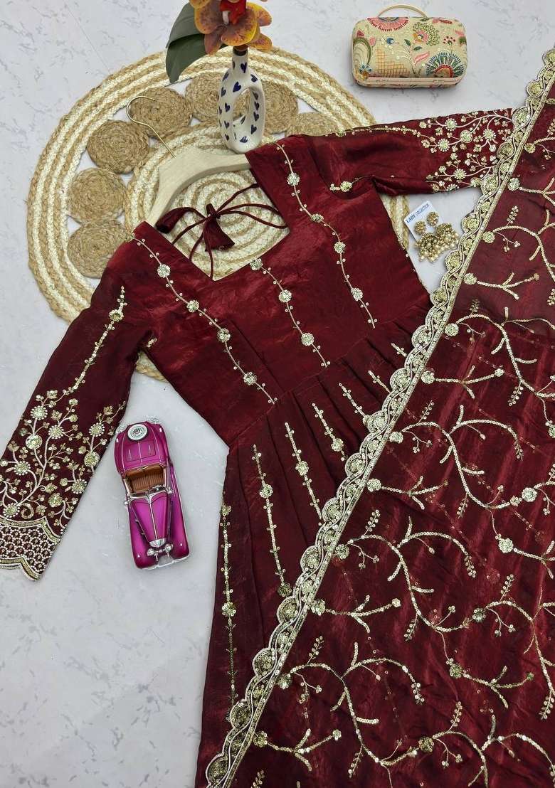 Maroon Embroidery Silk Gown Set - Indya