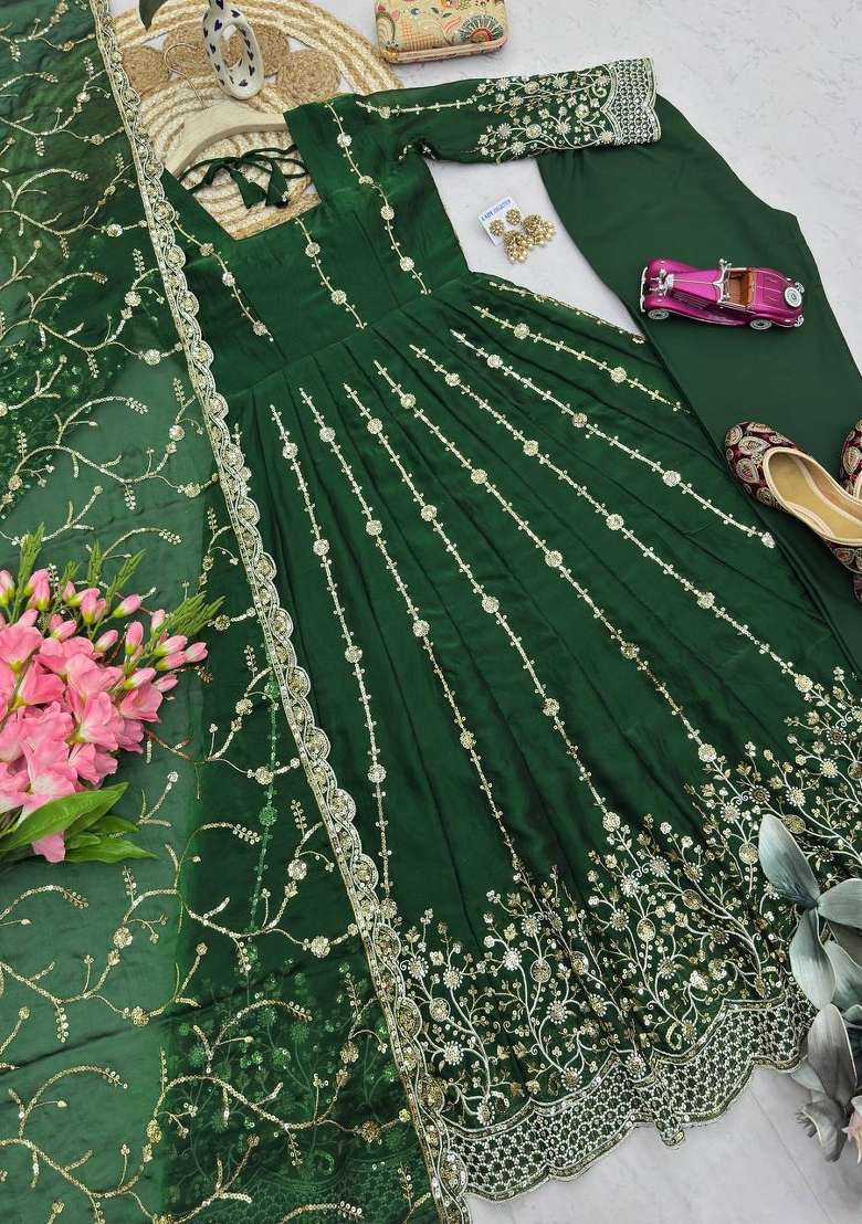 Mehendi Embroidery Silk Gown Set - Indya