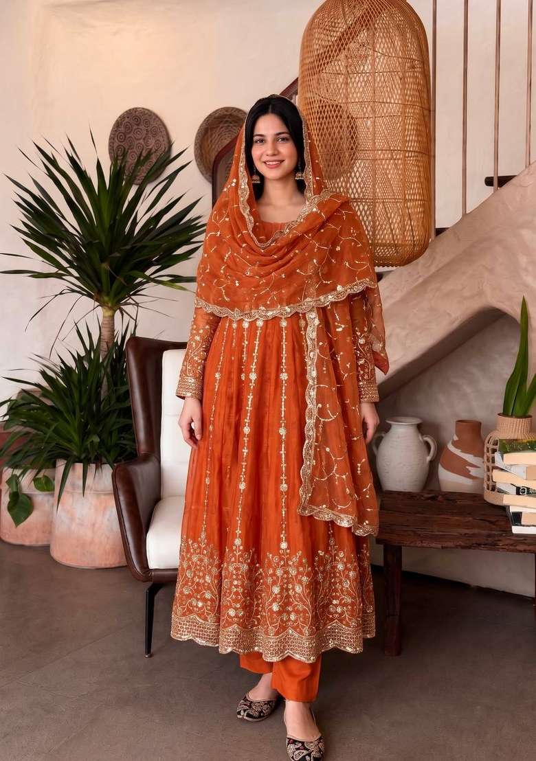 Orange Embroidery Silk Gown Set - Indya
