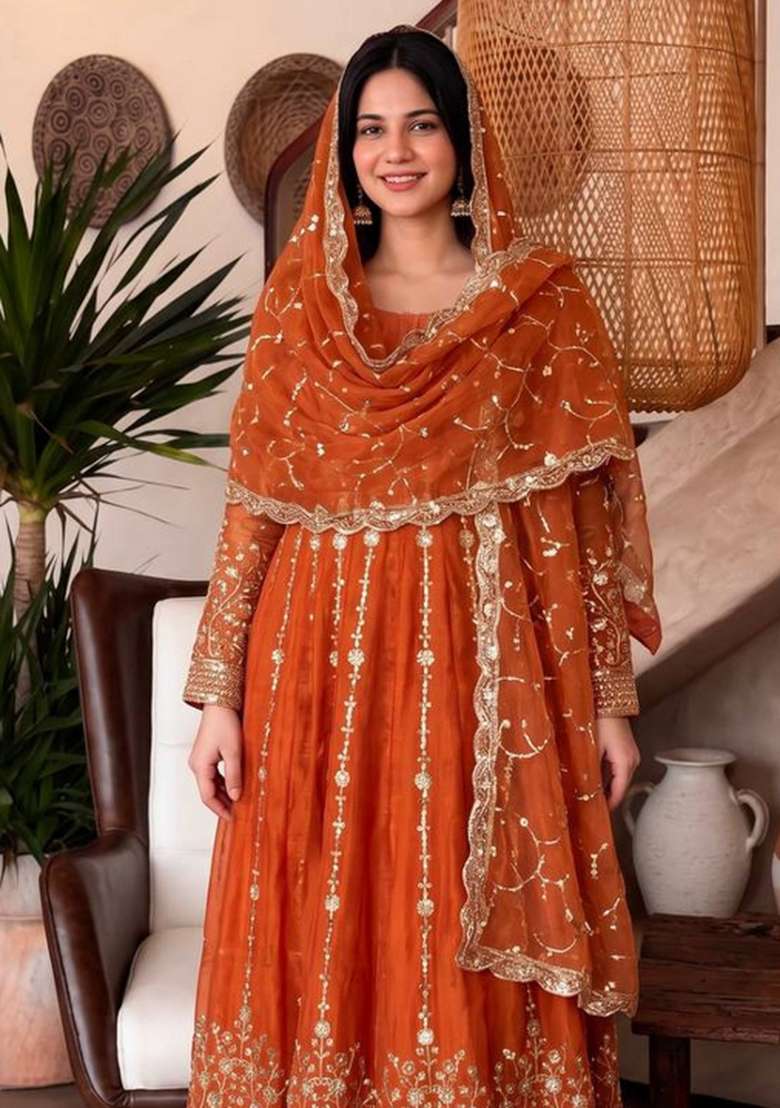 Orange Embroidery Silk Gown Set - Indya