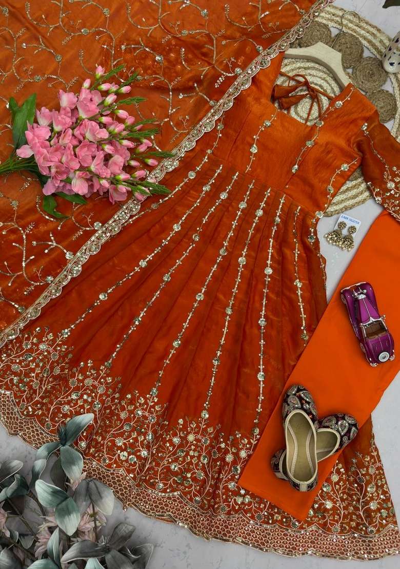 Orange Embroidery Silk Gown Set - Indya